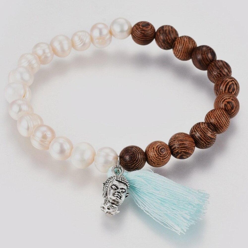 Natural Pearl & Burly wood bead Stretch Bracelet Tassel & Zen Buddha